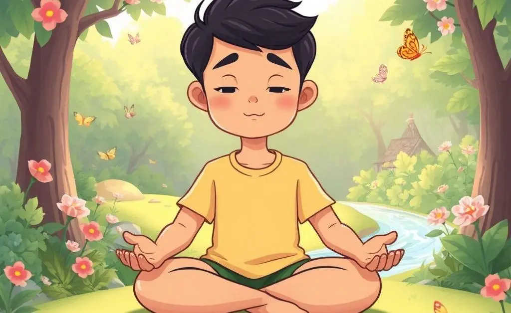 A cartoon of a person sitting cross-legged in a peaceful setting, reflecting mindfully.