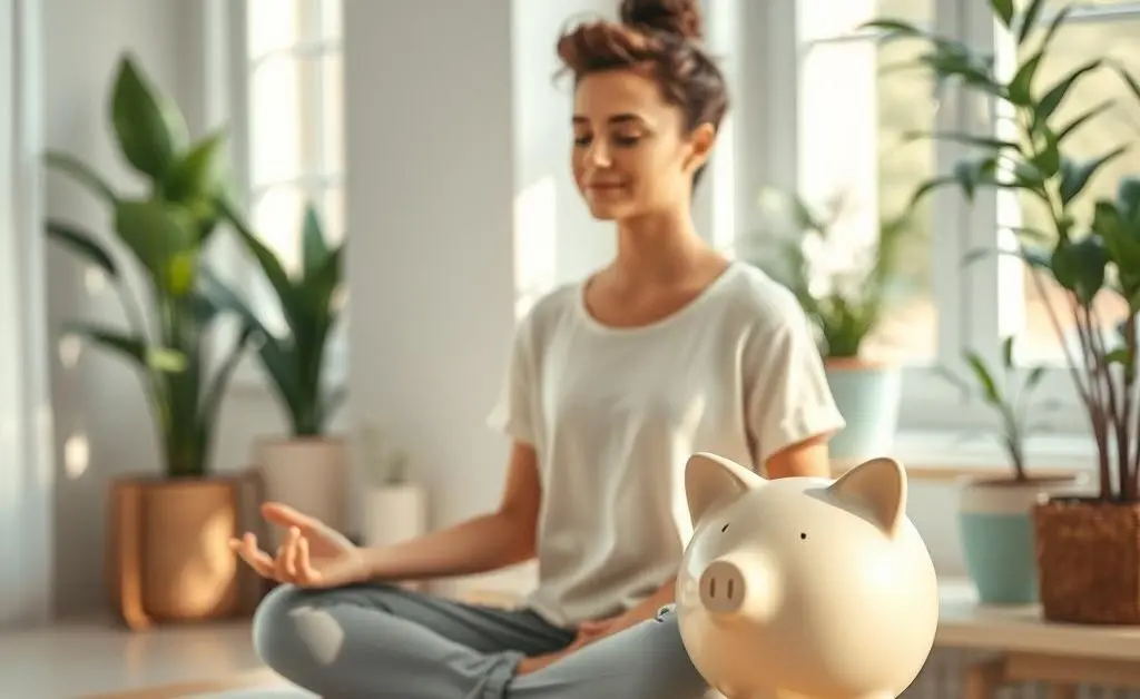 A serene scene of someone meditating beside a piggy bank.