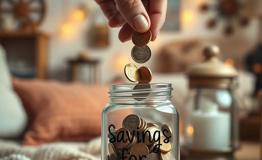 A calming image showing a saving jar being filled on a cozy background.