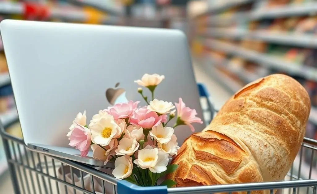 A shopping cart with a laptop, a small bouquet of flowers, and freshly baked bread, illustrating intentional purchasing decisions