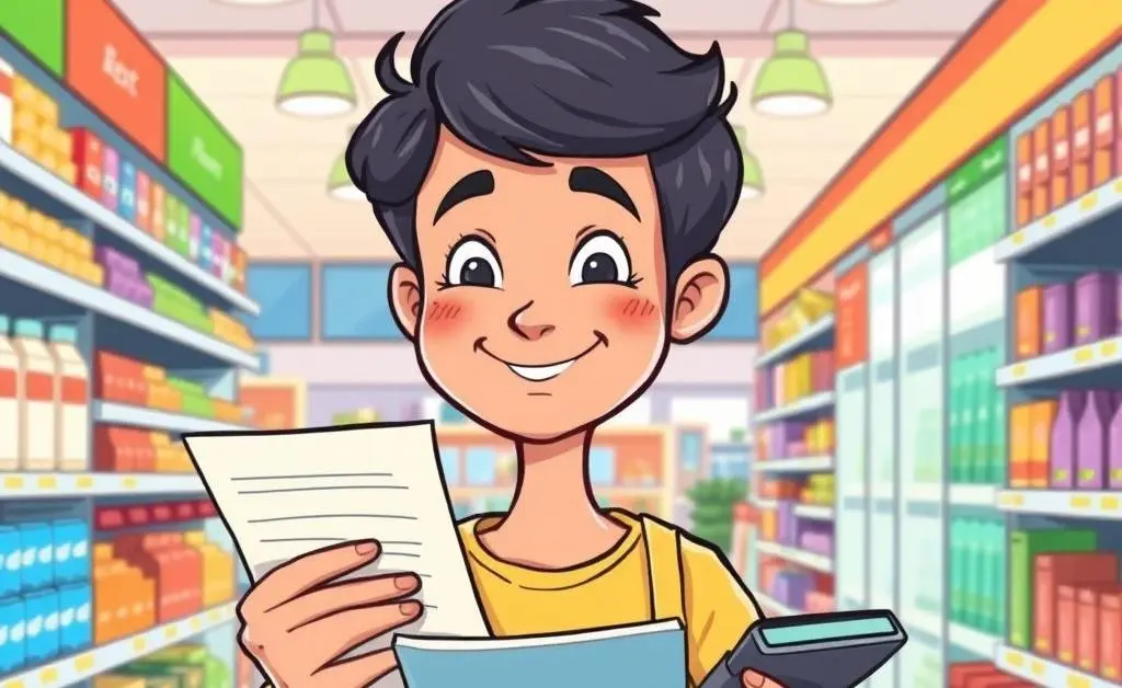 Cartoon depicting a person practicing mindful shopping with a list and calculator in a store.