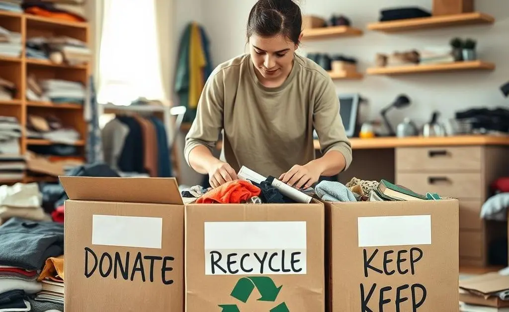 Person packing clutter into boxes labeled 'Donate', 'Recycle', 'Keep'