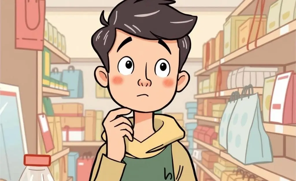 Lighthearted cartoon of a person thoughtfully considering purchases in a store.