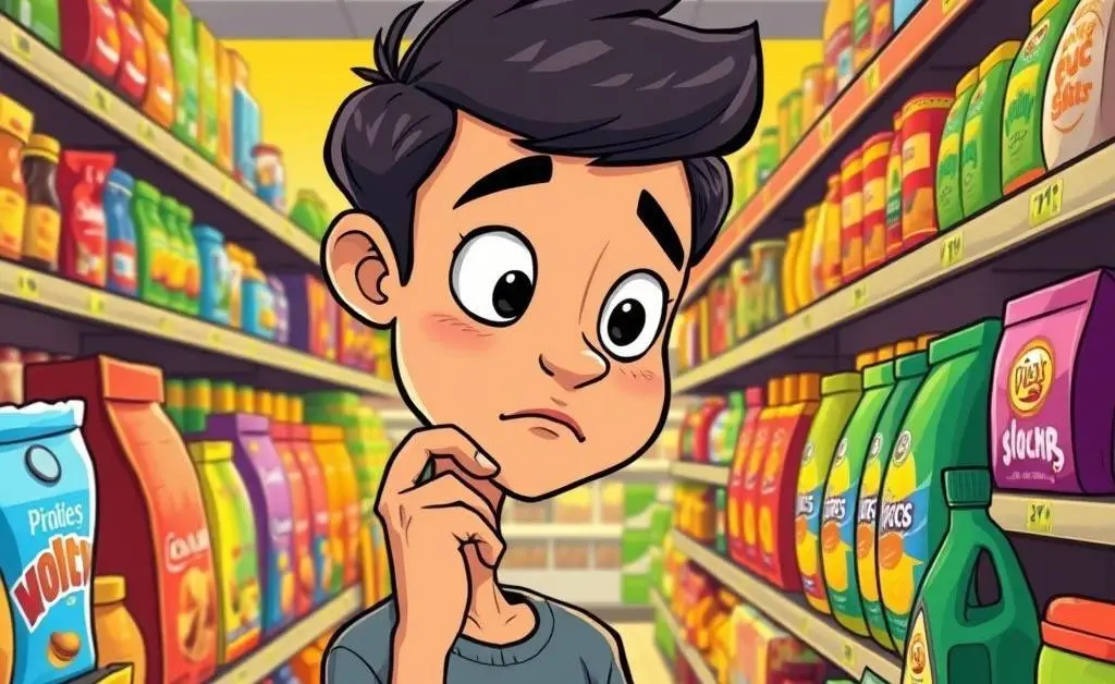 Cartoon of a person thoughtfully choosing between different products on a grocery shelf.