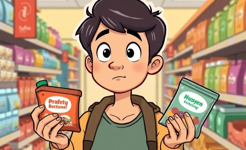 Person choosing between two products in a store, representing careful decision-making.