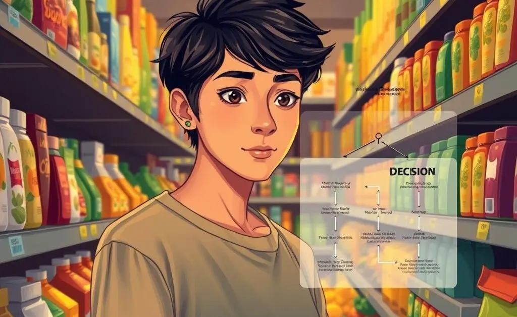 Illustration of a person mindfully choosing items while shopping, showing decision flow.