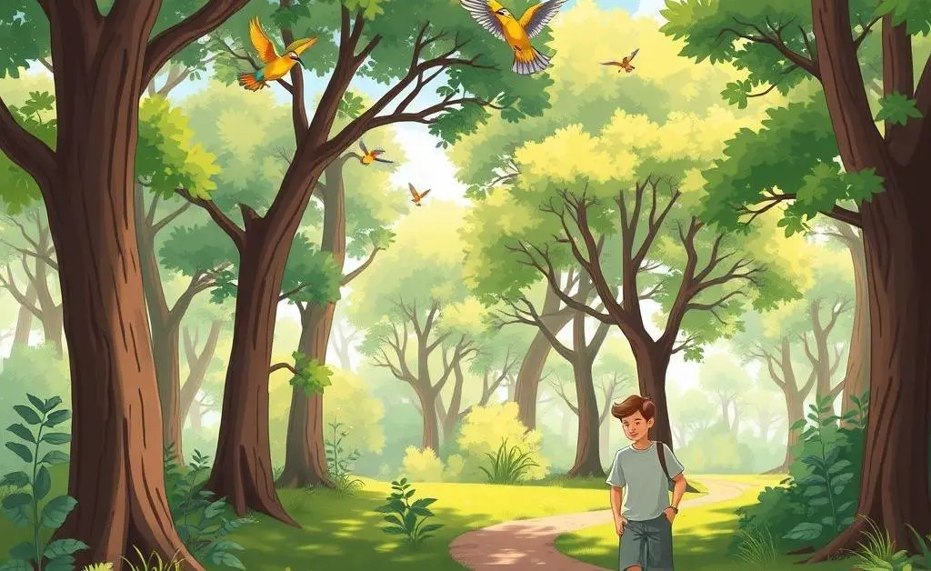 A person taking a mindful walk in nature, surrounded by trees and birds.