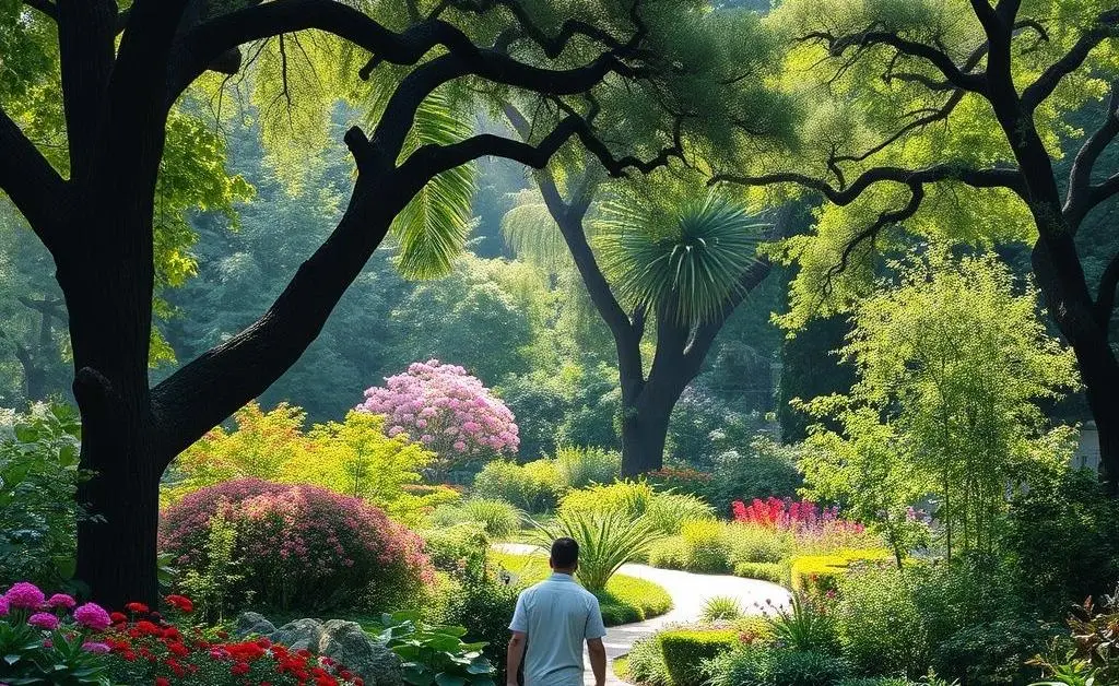 A person taking a walk in a garden, appreciating nature.
