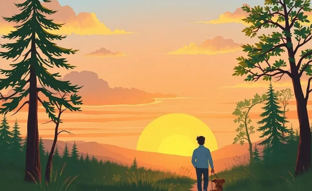 Person walking a dog along a nature trail during sunset