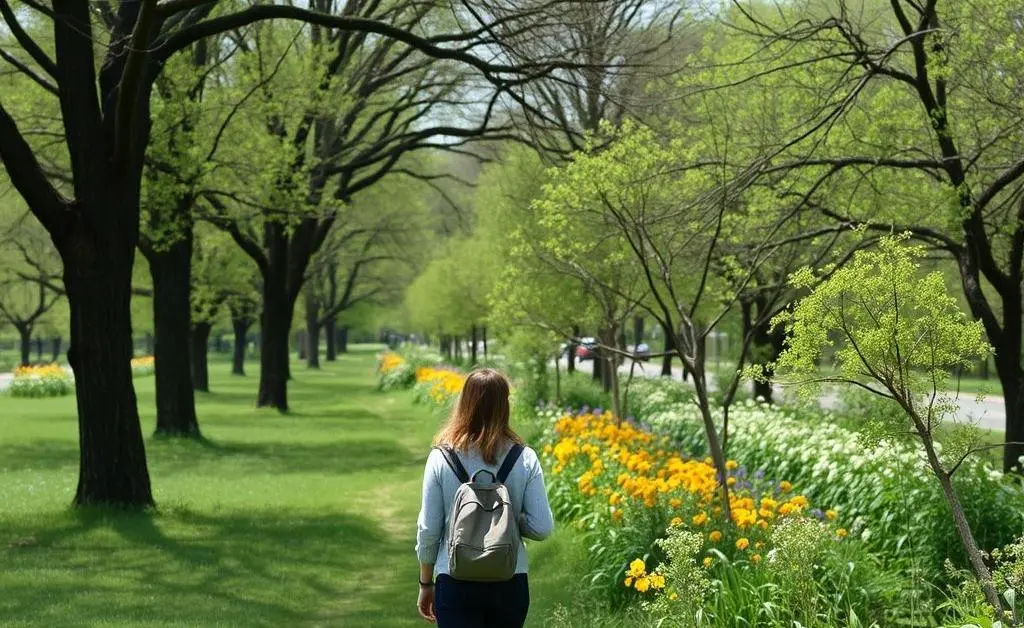 A person enjoying a quiet walk in nature, observing trees and flowers.