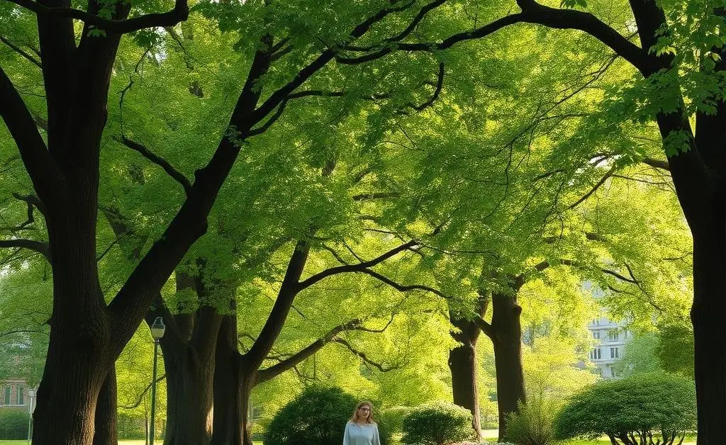 A person peacefully walking along a park path surrounded by trees.