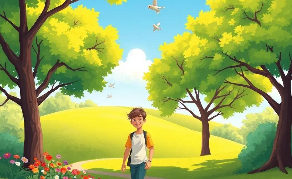 A cartoon-style scene of a person walking leisurely in a park, surrounded by nature.