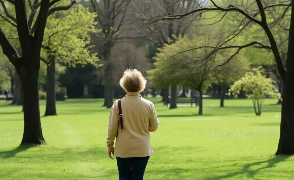 Person walking through a park mindfully
