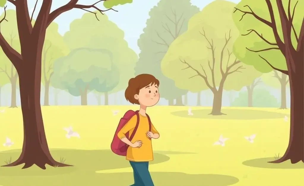 A cartoon person taking a mindful walk in a park during a break, with trees and birds in the background.