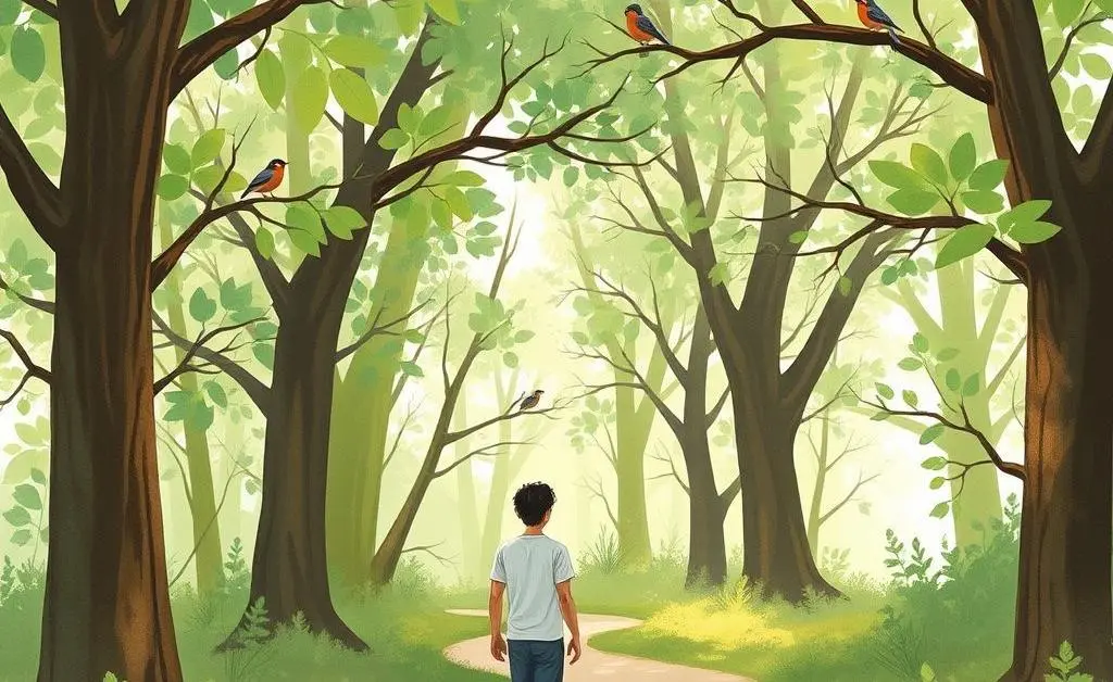 An illustration of a person walking mindfully through a path surrounded by trees and birds.