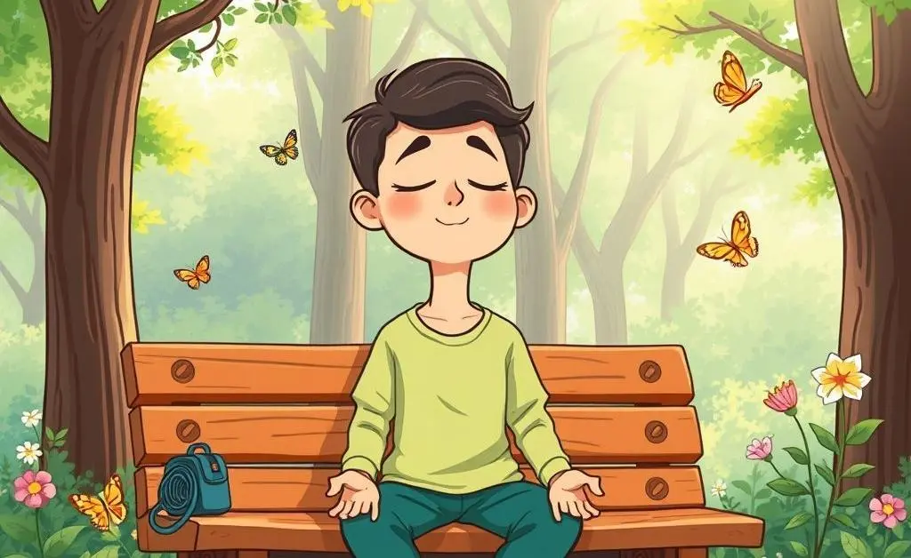 Cartoon of a person taking a mindfulness break, sitting on a park bench