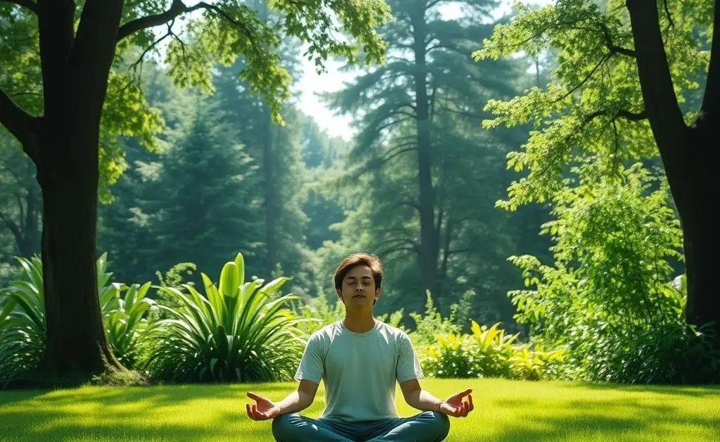 A peaceful scene of a person meditating in nature, symbolizing mindfulness and breaks