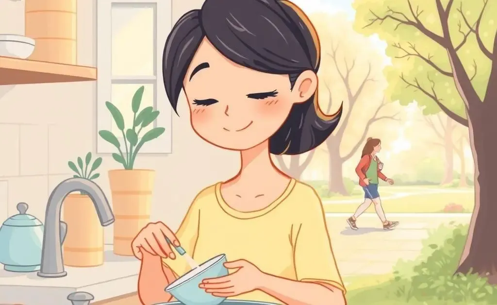 A person practicing mindfulness during everyday activities like washing dishes.