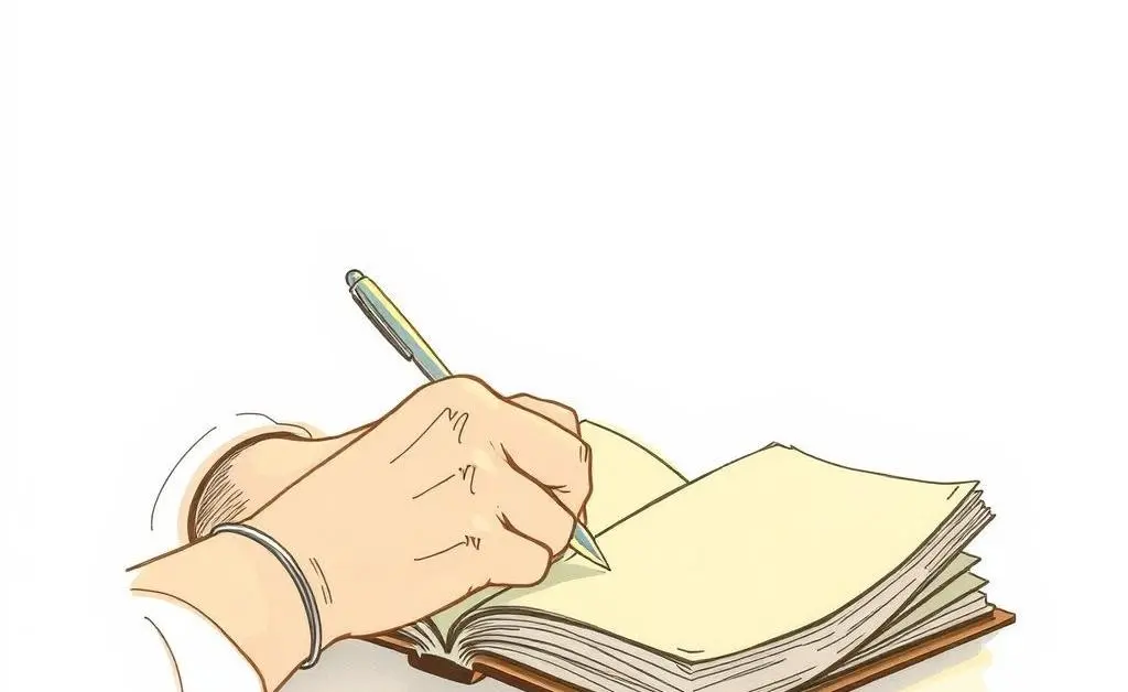 A hand-drawn style image of someone writing in a journal with soft lighting.