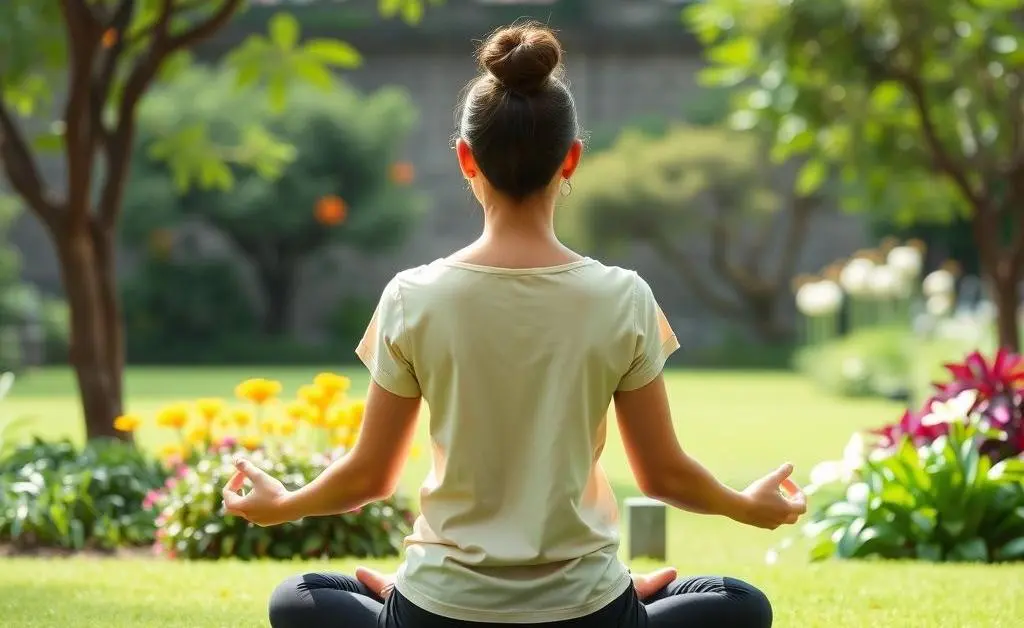 A person sitting cross-legged in a peaceful garden, practicing mindfulness meditation.