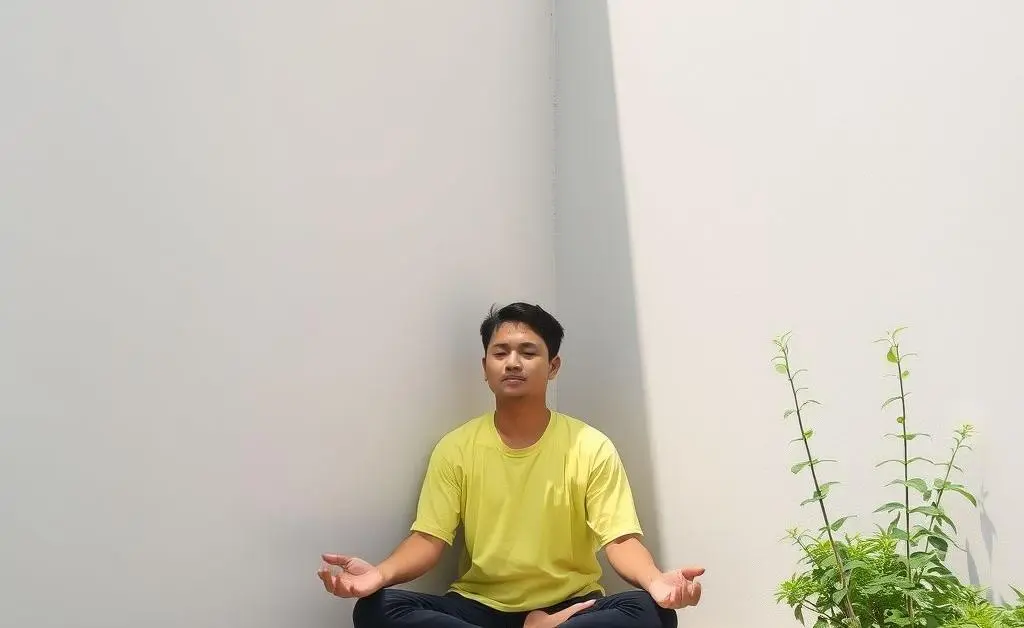 Person meditating in a quiet corner with greenery