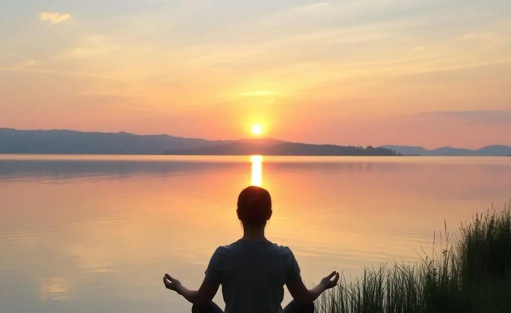 A serene scene of someone meditating by a peaceful lake during sunset, embodying mindfulness and peace.