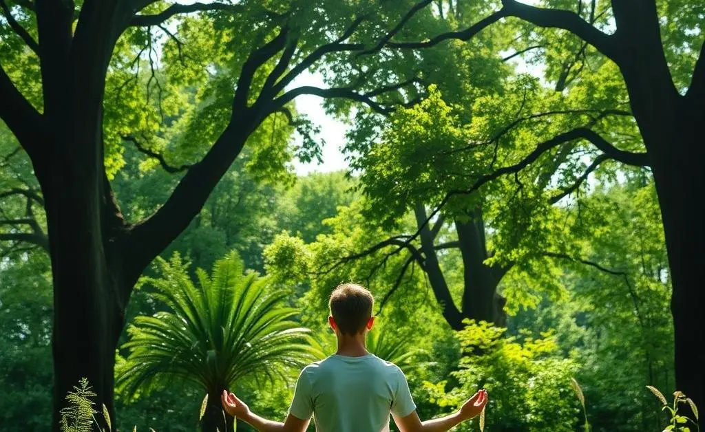 A person sitting in meditation, surrounded by nature, reflecting peacefully.