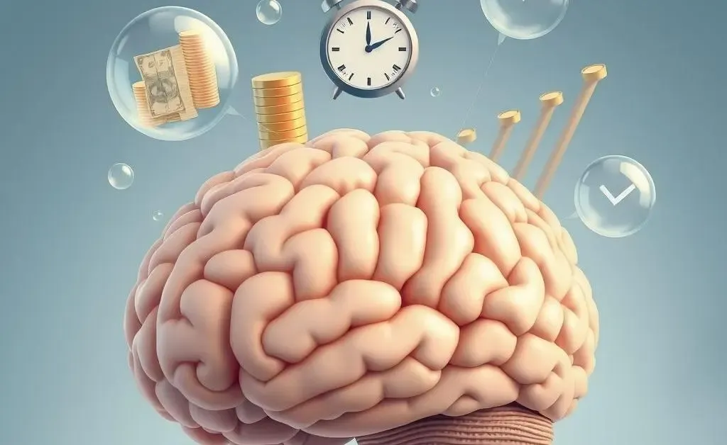 Illustration of a brain with thought bubbles depicting money, time, and goals.