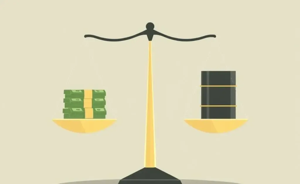 Scales with money and oil barrels showing economic factors