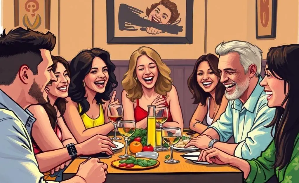 A group of friends laughing and talking around a dining table.
