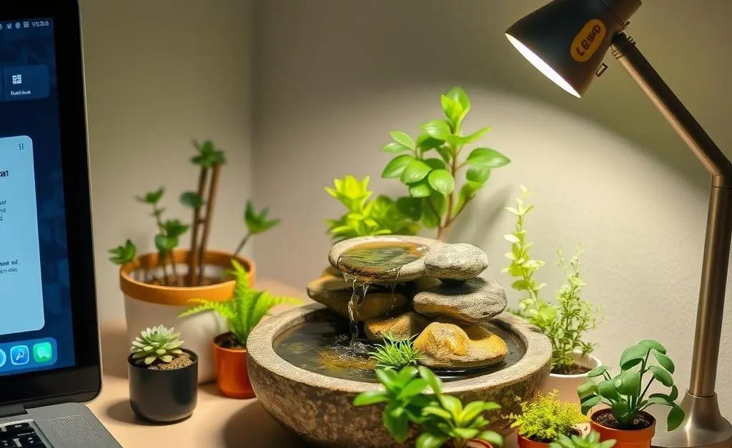 A small desk with a tiny indoor garden setup