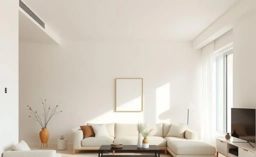 A minimalistic room with decluttered spaces, showcasing a tranquil and organized living area.