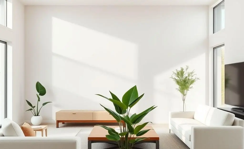 Minimalist living room setting with simple furniture and plant, emphasizing a clutter-free lifestyle.