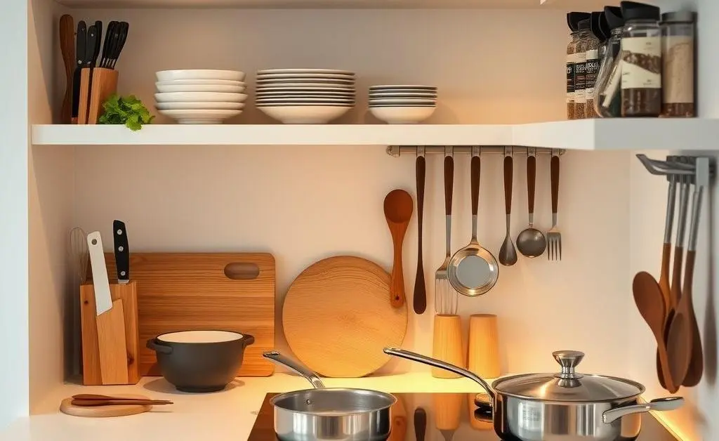 A compact kitchen with essential cooking tools and utensils