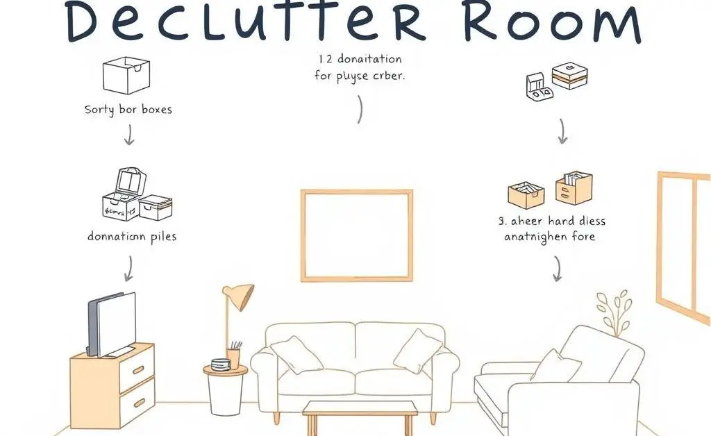 A drawing showing simple steps for decluttering a room