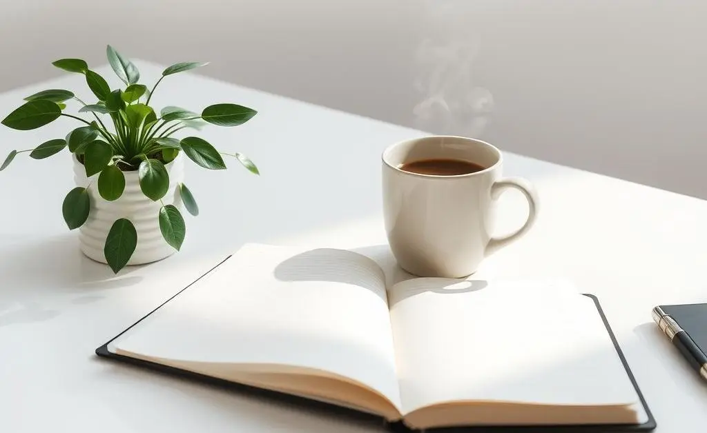 A minimalist desk setup with a plant, a notebook, and a cup of coffee.