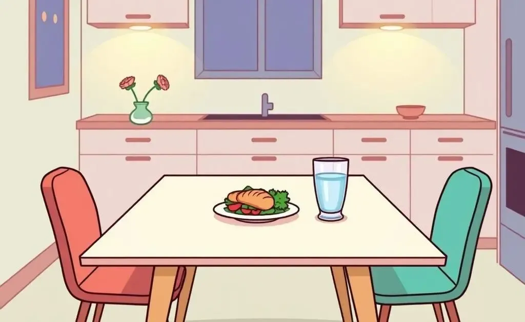 Cartoon image of a minimalist dining table with a simple meal