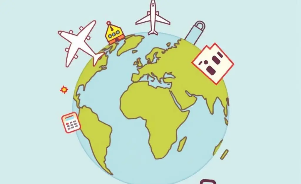 Simple, clean illustration of a globe with travel icons