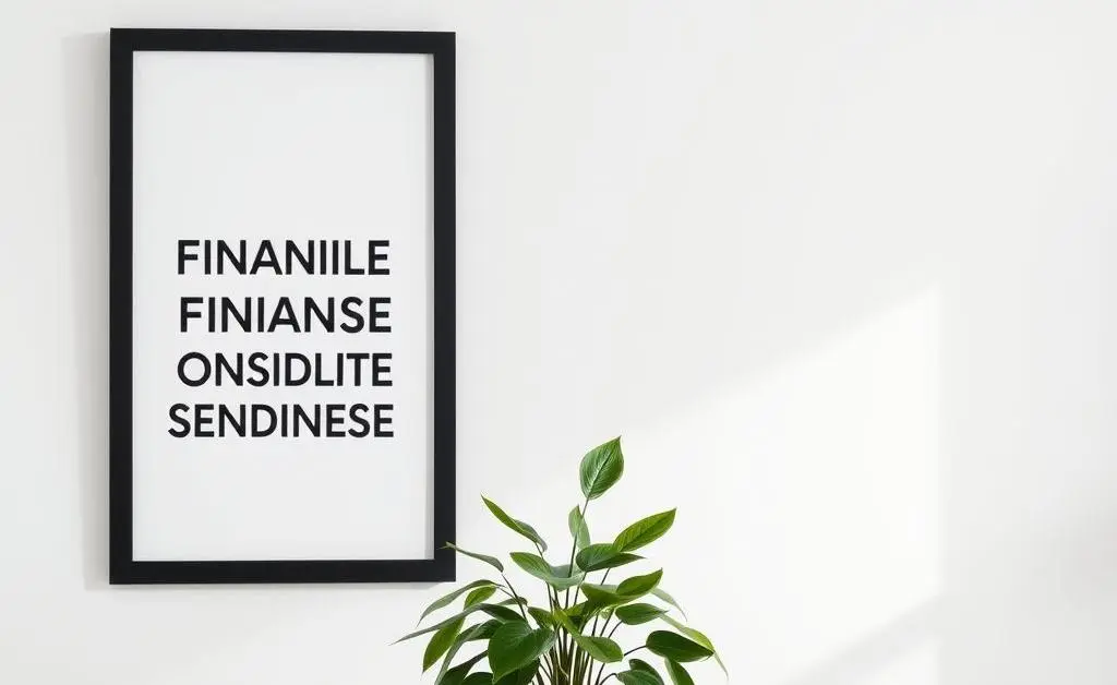 Minimalist home office with a potted plant and a motivational poster about financial independence.