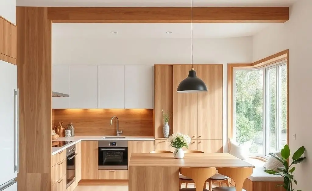 A minimalist kitchen with wooden elements and an inviting breakfast nook