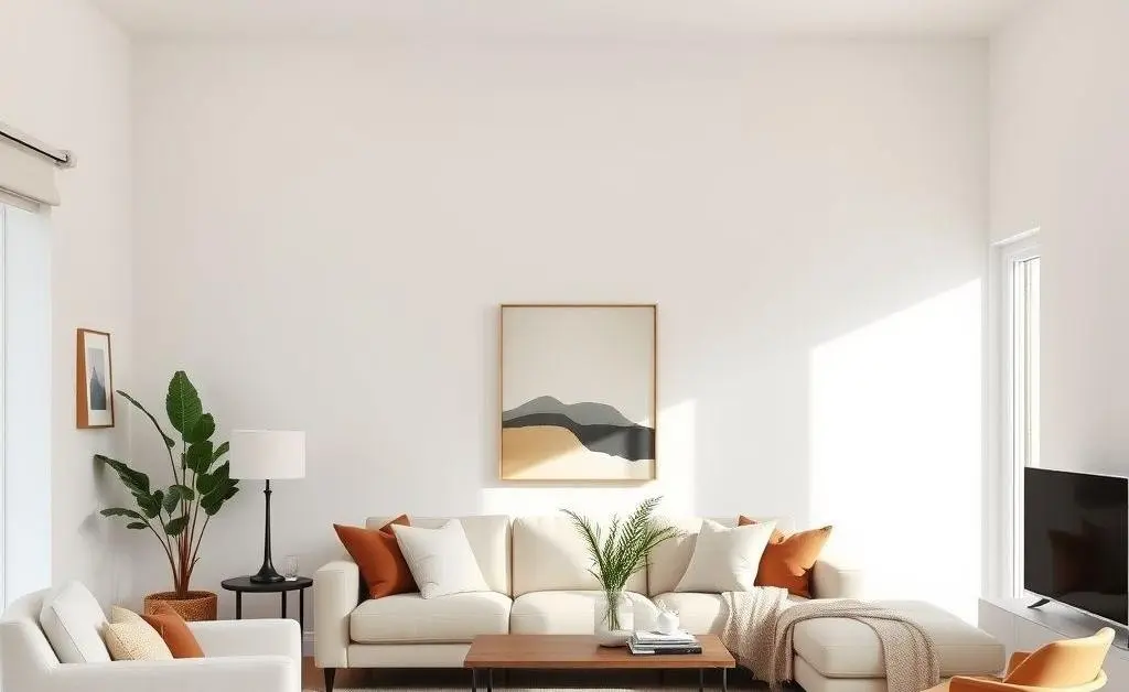 A minimalist living room showing thoughtful decor, open space, and natural light.