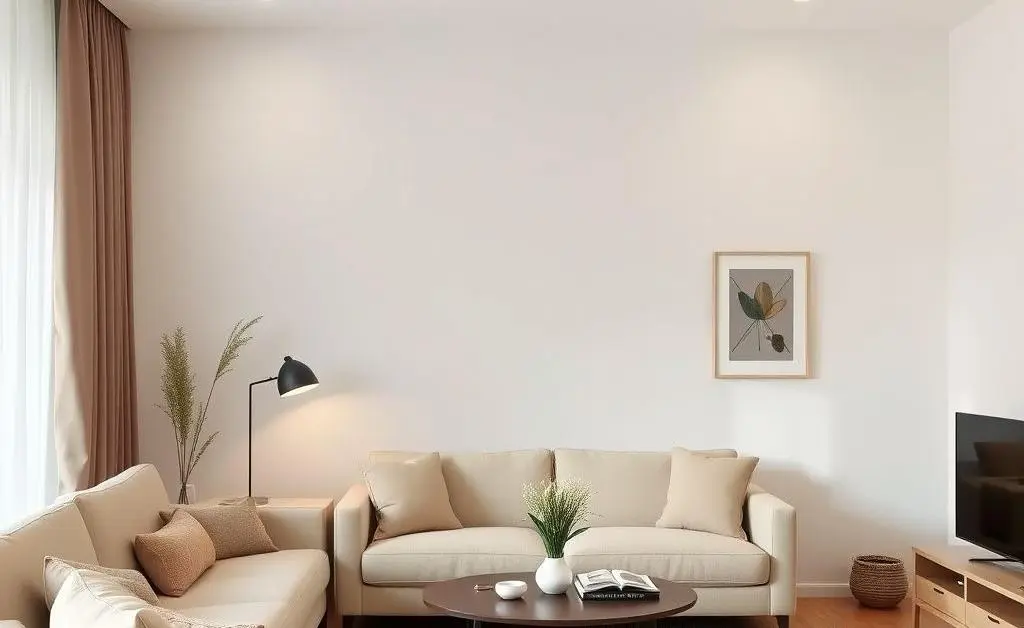 A minimalist living room with neutral-colored furniture and a small bookshelf