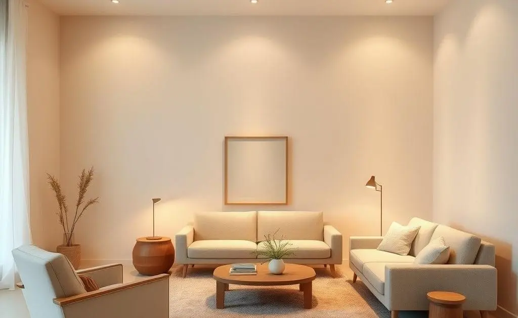 A cozy minimalist living room with a few pieces of furniture and soft lighting.