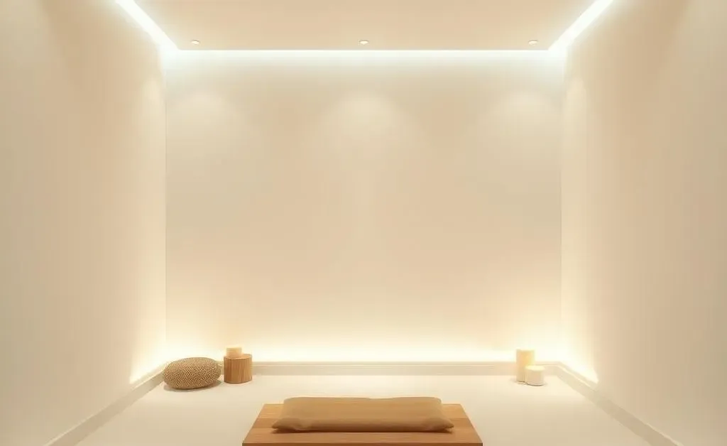A minimalist meditation room with soft lighting and simple decor