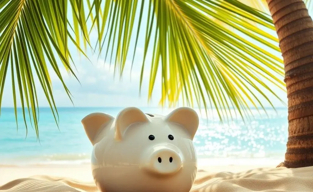 A piggy bank sitting under a palm tree in a relaxed beach setting, representing financial achievement.