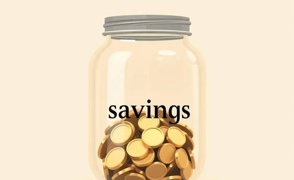 An image of a minimalist jar labeled 'savings' filled with coins