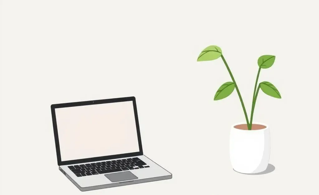 A minimalist workspace with a laptop, a plant, and a cup of coffee, cartoon style