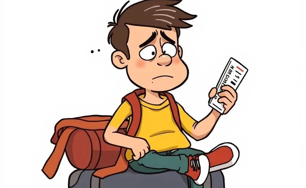 Cartoon of a person sitting on luggage, looking frustrated while holding a plane ticket
