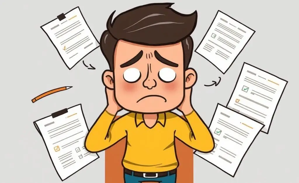 A cartoon of a stressed homebuyer surrounded by contracts and checklists.
