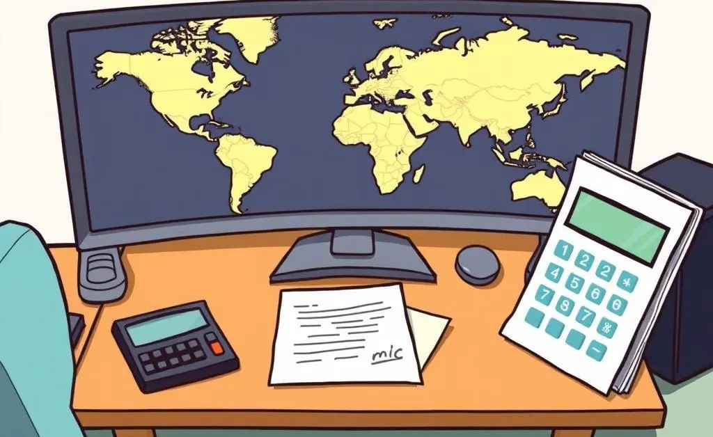 A desk with credit cards, a calculator, and a world map.